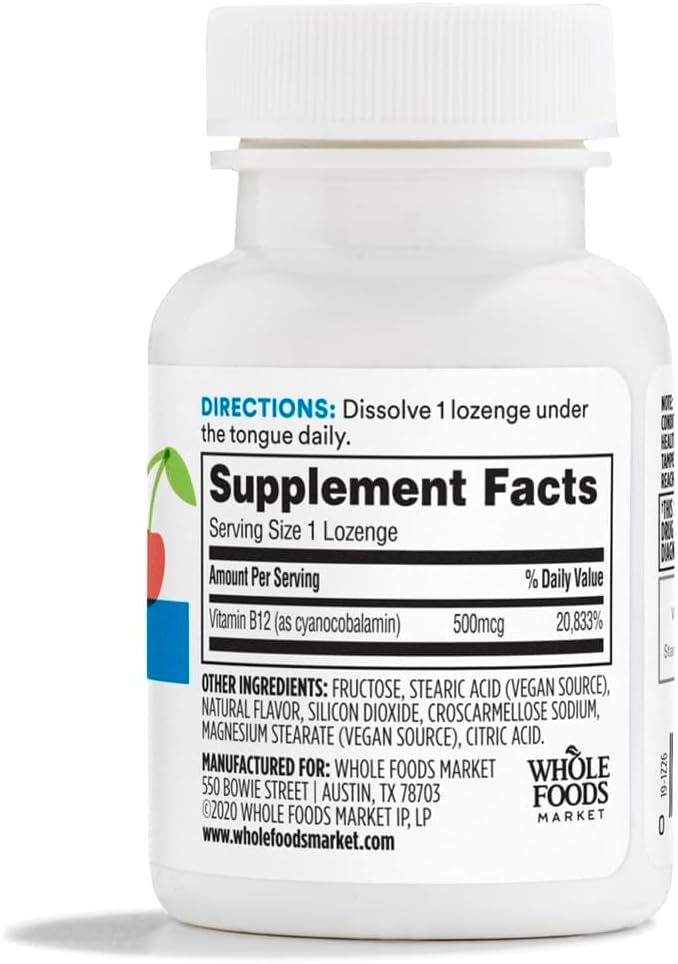 365 by Whole Foods Market, Vitamin B12 500mcg Lozenges, Natural Cherry Flavour, Vegan, 50 Count - görsel 2