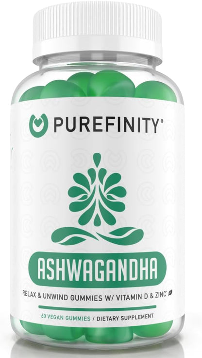PUREFINITY Ashwagandha Gummies with Vitamin D & Zinc – Supplement for Relaxation, Calming and Mood Support – 60 Gummies
