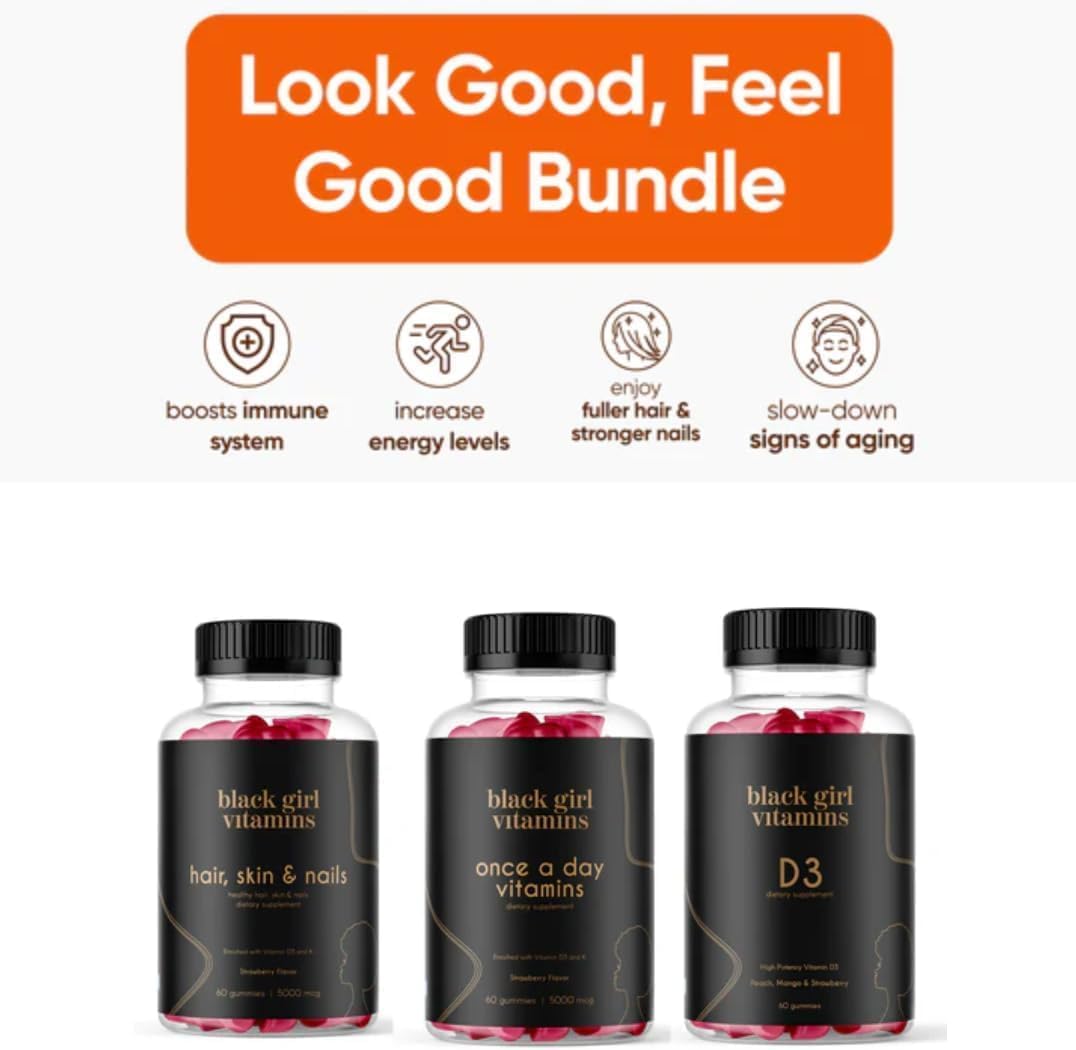 Black Girl Vitamins Look Good Feel Good Bundle – Hair, Skin & Nails, Vitamin D3 2000IU & Once a Day Multivitamin - Women's Supplement Bundle – Energy, Immunity & Beauty Support - görsel 2