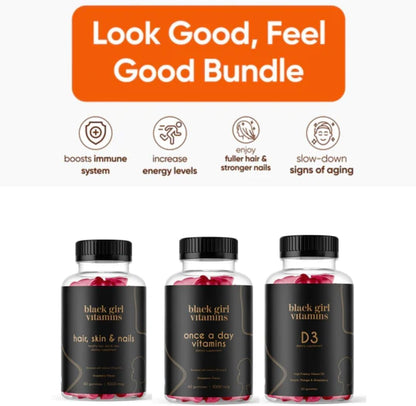 Black Girl Vitamins Look Good Feel Good Bundle – Hair, Skin & Nails, Vitamin D3 2000IU & Once a Day Multivitamin - Women's Supplement Bundle – Energy, Immunity & Beauty Support