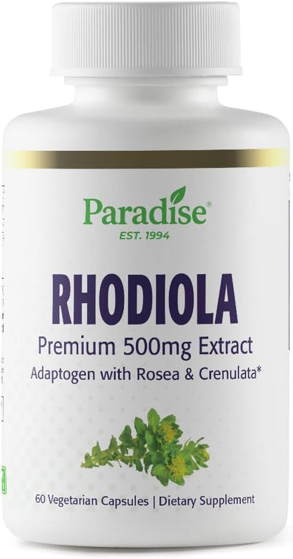 Paradise Herbs Rhodiola Extract 500mg, Adaptogen for Stress Resilience, Vegan, Non-GMO, Gluten Free, 60 Vegetarian Capsules