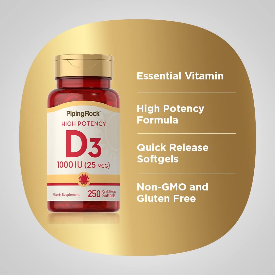 Piping Rock Vitamin D3 1000IU – High Potency (25 mcg) – 250 Softgels – Non-GMO, Gluten-free - görsel 4