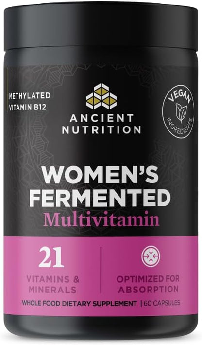 Ancient Nutrition Women's Fermented Multivitamin with Methylated Vitamins C, D, K, Zinc & Magnesium - Vegan, 60 Capsules