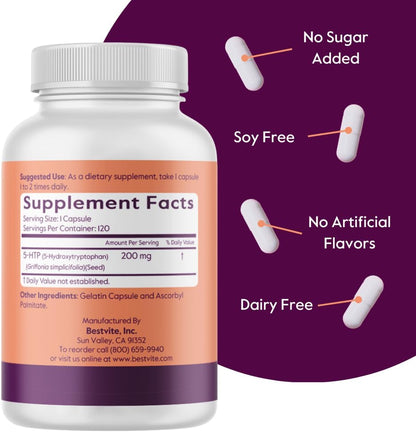 BESTVITE 5-HTP 200mg per Capsule - 240 Capsules - Pure Griffonia Extract, No Stearates, Gluten-Free, Non-GMO