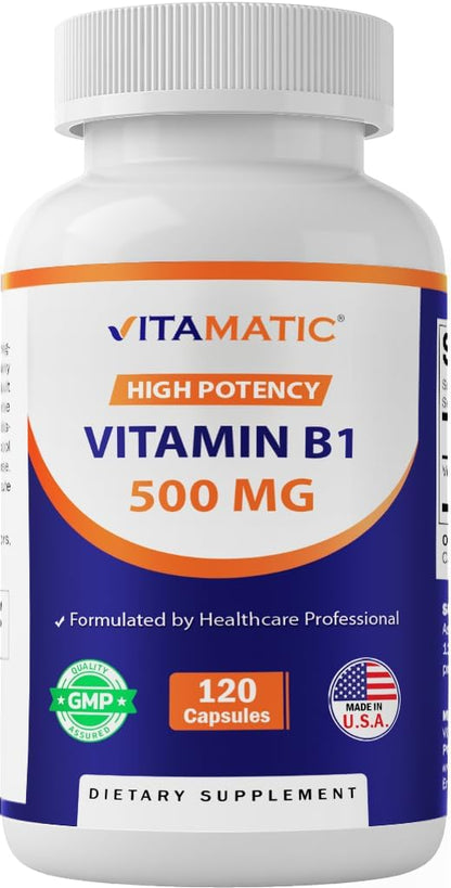 Vitamatic Vitamin B1 (Thiamine Mononitrate) 500 mg, 120 Capsules – Contributes to Nervous System and Energy Metabolism – Image 1