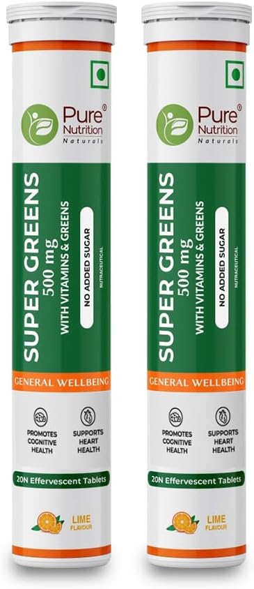 Pure Nutrition Super Greens Effervescent Tablets | 40 Count (20x2) | with Moringa, Spirulina, Arjuna Leaf & B Vitamins - görsel 1