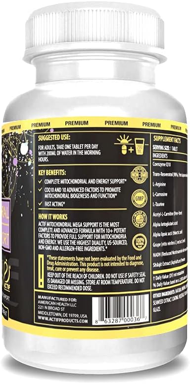 ACTIF Mitochondrial Maximum Support with 10+ Advanced Factors – Non-GMO, Fast Acting, Mitochondria and Energy Support, Made in USA, 60 Capsules