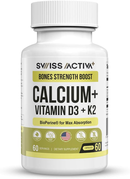 Calcium with Vitamin D3 & K2 – Vegan, Non-GMO Bone and Teeth Support Supplement – 60-Day Supply