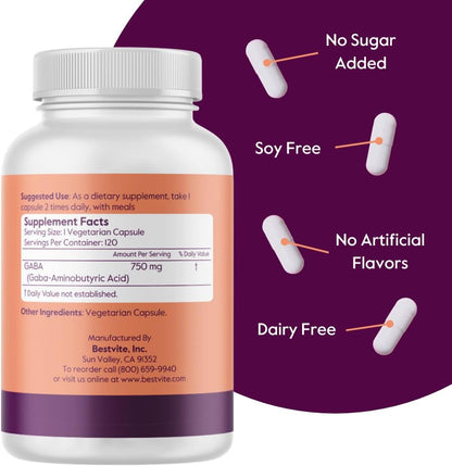 BESTVITE GABA 750mg, 120 Vegetarian Capsules - No Stearates, No Fillers, Vegan, Gluten-free