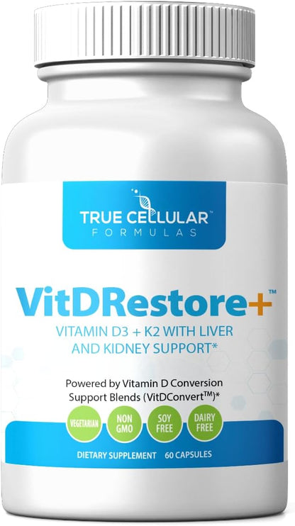 True Cellular Formulae VITDRestore+ - Vitamin D3 + K2 with Liver and Kidney Support, Vegan, Non-GMO