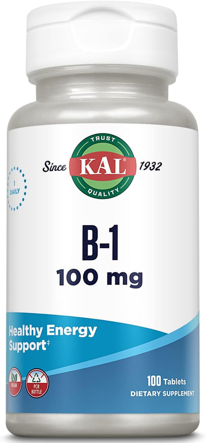KAL Vitamin B1 100 mg - Thiamine Supplement for Energy, Metabolism and Nervous System Health - 100 Tablets