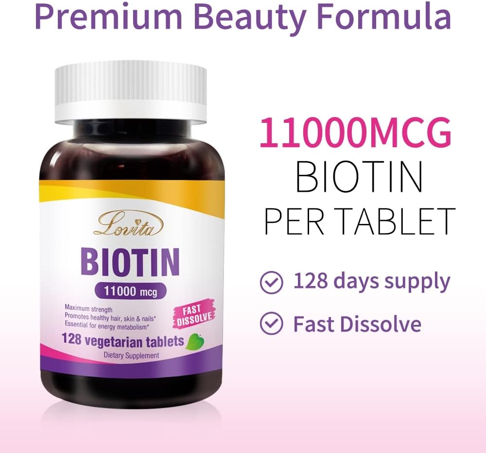 LOVITA Maximum Strength 11,000mcg Biotin: Fast-Dissolving, Vegetarian Tablets - Easily Absorbed, Gluten & Dairy-Free, 128 Vegan-Friendly Tablets (Pack of 3) - görsel 2