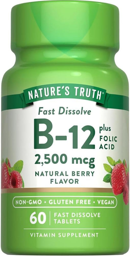 Vitamin B-12 2500 mcg with Folic Acid, Natural Berry Flavour - 180 Tablets (Pack of 3)