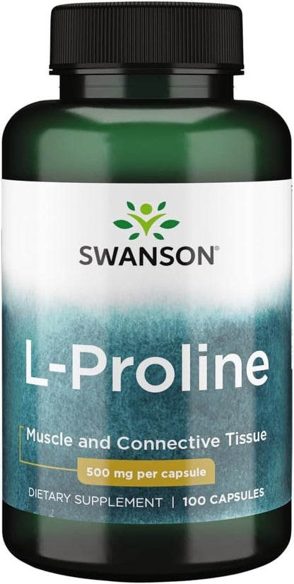 Swanson L-Proline 500 mg, 100 Capsules - Amino Acid Food Supplement for Connective Tissue and Collagen Support