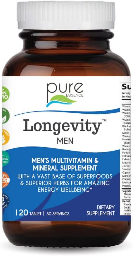 PURE ESSENCE LABS Longevity Multivitamin for Men Over 40 – Super Energetic with Superfoods, Minerals, Enzymes, Vitamin D3, B12, Biotin – 120 Tablets - görsel 1