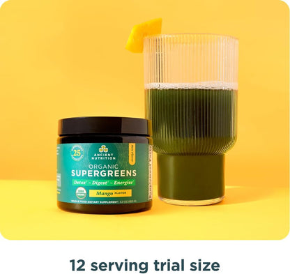 Ancient Nutrition SuperGreens Powder - Organic Mango Flavour, 12 Servings