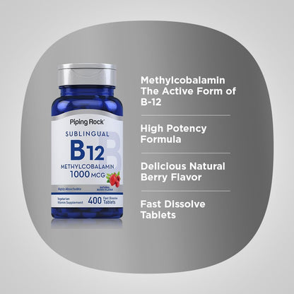 Piping Rock Vitamin B12 Sublingual Tablets - 1000 mcg Methylcobalamin, 400 Tablets, Berry Flavour