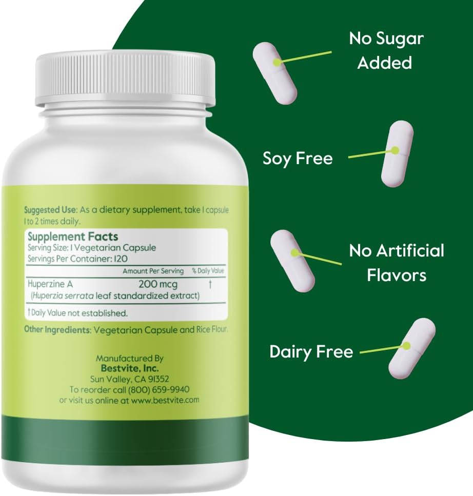 BESTVITE Huperzine A 200mcg – Naturally Derived, Vegan, Non-GMO, 120 Capsules - görsel 2