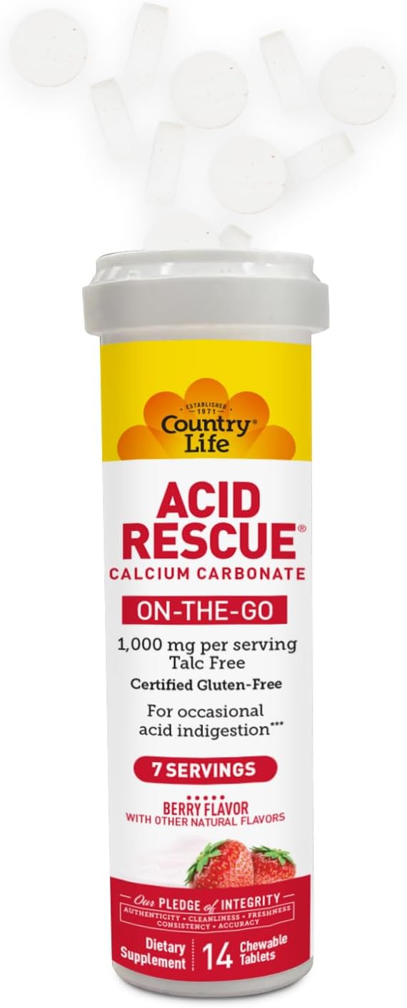 Country Life Acid Rescue On-the-Go Chewable Tablets - Vegan & Gluten-free Heartburn Relief, 400mg Calcium & Magnesium, Non-GMO, Sugar-Free Berry Flavour, 8 Pack - görsel 5