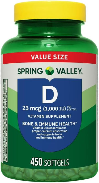 Spring Valley Vitamin D3 Supplement Soft gel capsules, 25 µg (1,000 IU), 450 Capsules