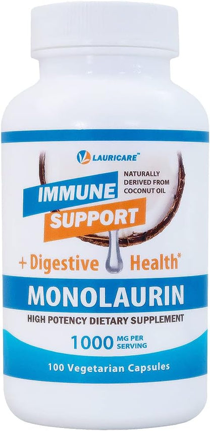 Lauricare Monolaurin Food Supplement for Immune & Gut Health - 1000mg per Serving - 100 Capsules