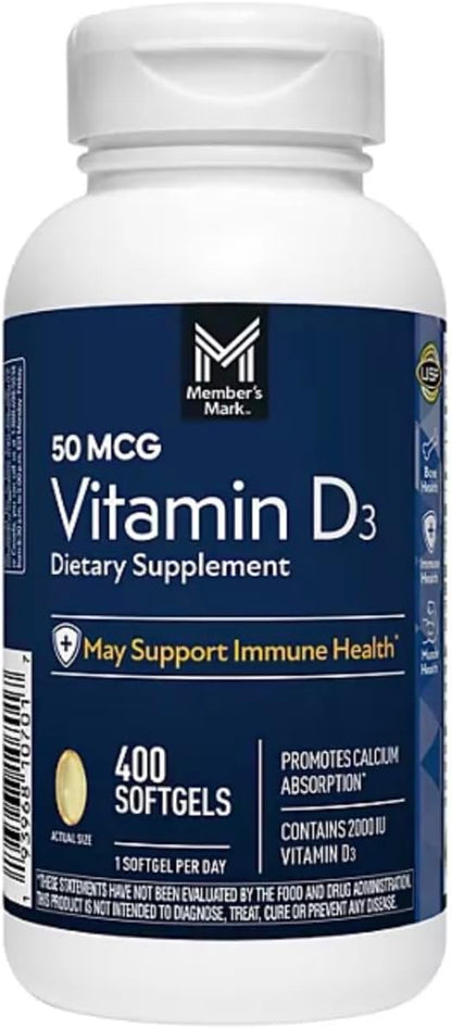 Member Mark Vitamin D3, 50 µg (2000 IU), 400 Soft gel capsules
