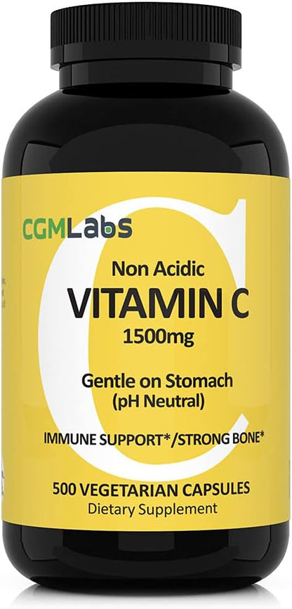 CGMLABS Non Acidic Vitamin C Food Supplement 1500mg with Calcium - Gentle on the Stomach, Immune & Bone Support (500 Capsules)