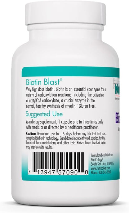 NutriCology Biotin Blast - 100 mg Biotin Food Supplement for Hair, Skin and Nails - 90 Vegetarian Capsules