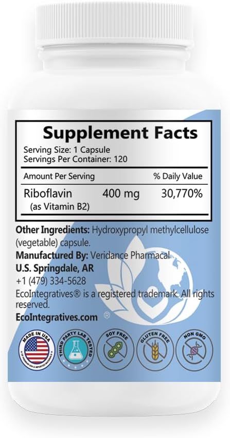 EcoIntegratives B2-400 Pure Riboflavin – Nervous System Health, Energy, Metabolism & Cell Function (120 Capsules) - görsel 2