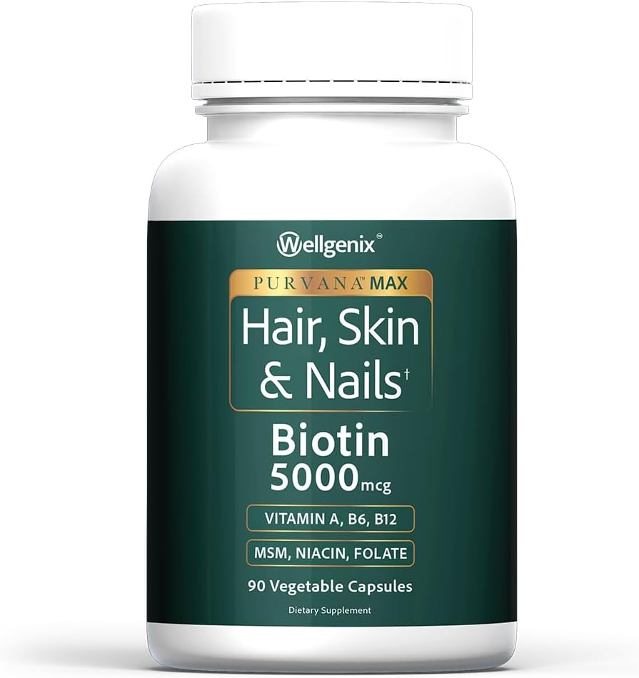 Wellgenix Purvana MAX Hair, Skin and Nails Supplement – 5000mcg Biotin with MSM & B-Complex – 90 Veggie Capsules - görsel 1