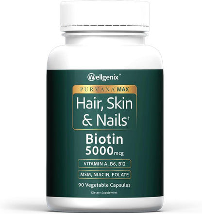 Wellgenix Purvana MAX Hair, Skin and Nails Supplement – 5000mcg Biotin with MSM & B-Complex – 90 Veggie Capsules