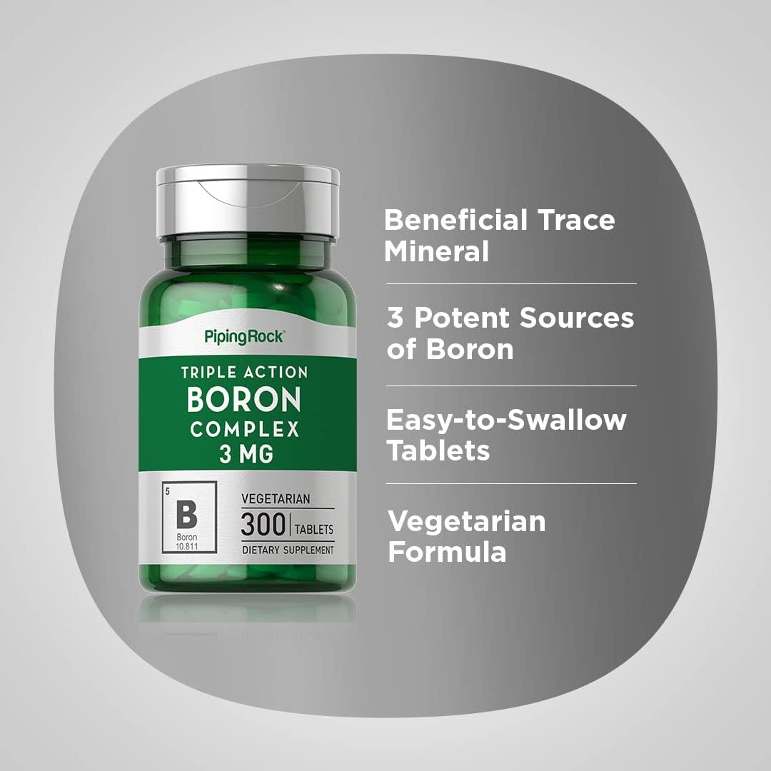 Piping Rock Boron Supplement for Men and Women | 3mg | 300 Tablets | Triple Complex | as Glycinate, Aspartate, Citrate | Vegetarian, Non-GMO, Gluten-free - görsel 4