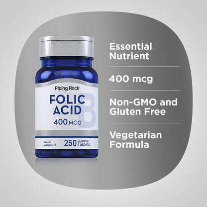 Piping Rock Folic Acid | 400 mcg | 250 Vegetarian Tablets | Non-GMO, Gluten-free Supplement