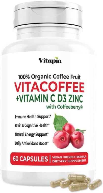 Vitacoffee Caffeine Capsules – Coffee Fruit, Vitamin C, D, Zinc – Energy, Memory, Focus – 60 Veggie Capsules