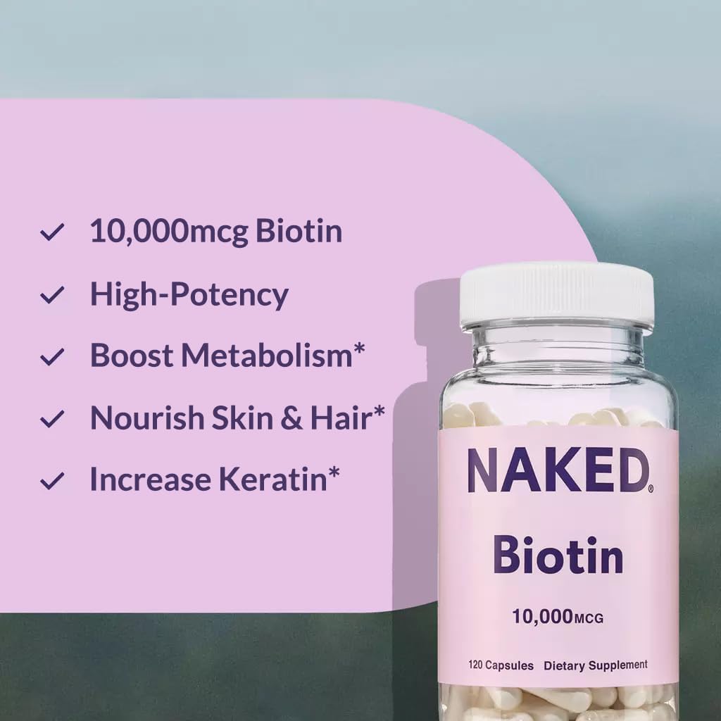 NAKED Biotin 10,000mcg – Max Strength Vitamin B7 Supplement for Healthy Hair, Skin & Nails – Non-GMO, Gluten-free, Vegan – 120 Capsules - görsel 4