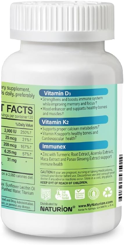 NATURION D3+K2 IMMUNEX – Vitamin D3 2000 IU, K1 25 mcg, K2 200 mcg, Zinc 6.25 mg, DK Blend – 120 Soft gel capsules - görsel 3