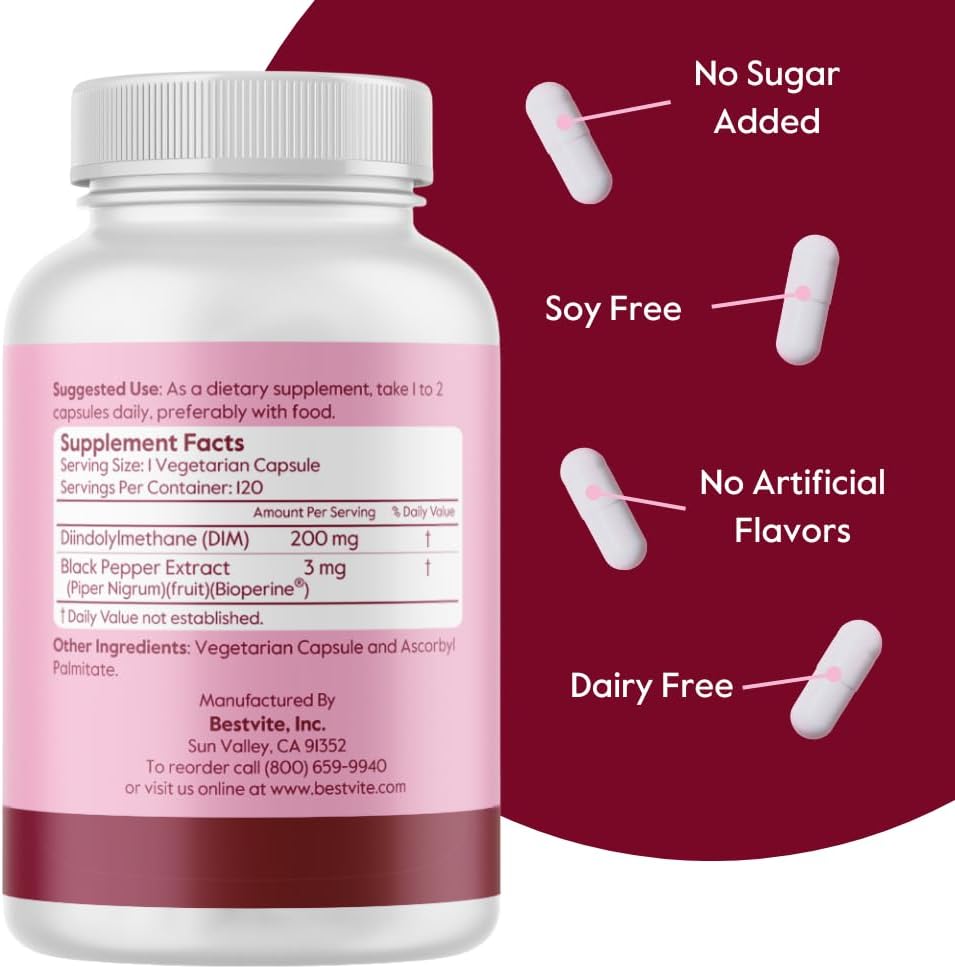 BESTVITE DIM (Diindolylmethane) 200mg with BioPerine (120 Vegetarian Capsules) – No Stearates – Vegan – Non-GMO – Gluten-free - görsel 3