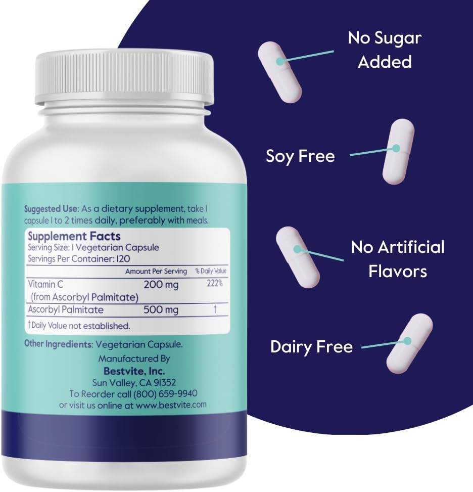 BESTVITE Ascorbyl Palmitate 500mg (120 Vegetarian Capsules) - No Stearates - No Fillers - No Flow Agents - görsel 2