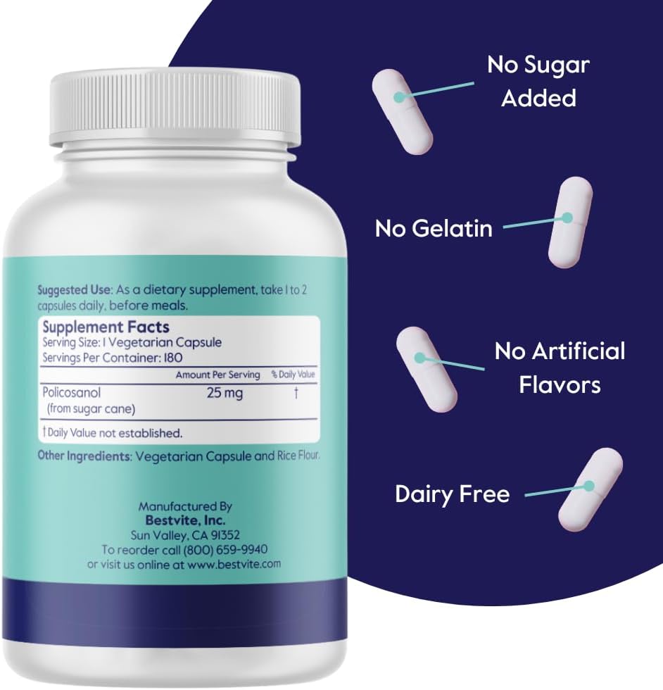 BESTVITE Policosanol 25mg (180 Vegetarian Capsules) - No Stearates, Vegan, Non-GMO, Gluten-free - görsel 2
