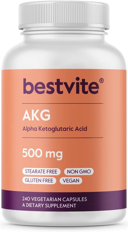 BESTVITE AKG (Alpha Ketoglutaric Acid) 1000mg per Serving - 240 Vegetarian Capsules - No Stearates - Vegan - Non GMO - Gluten-free