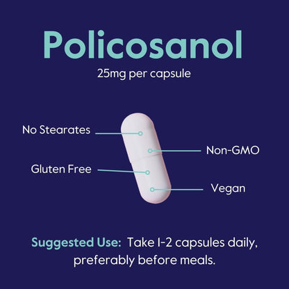 BESTVITE Policosanol 25mg (180 Vegetarian Capsules) - No Stearates, Vegan, Non-GMO, Gluten-free