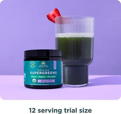 Ancient Nutrition SuperGreens Powder with Probiotics - Organic Berry Flavour, 12 Servings