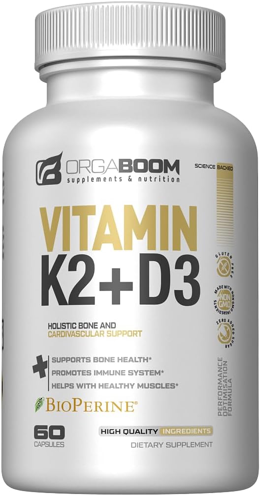 Orgaboom Vitamin D3 K2 Calcium Supplement - 5000 IU D3 + 100 mcg K2 MK7 with Bioperine - Bone & Heart Health - 60 Capsules - görsel 1
