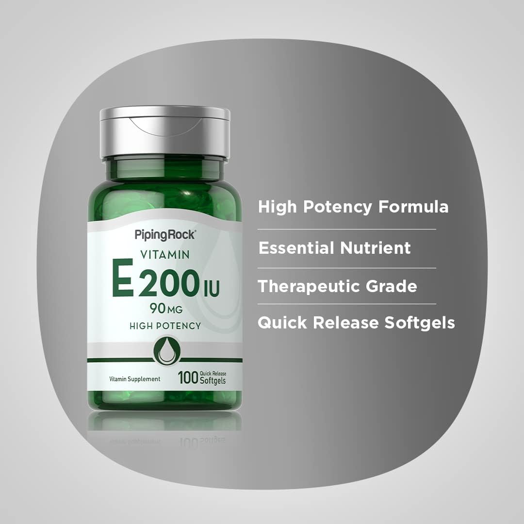 Piping Rock Vitamin E 200 IU | 90mg | 100 Soft gel capsule Capsules | High Potency Supplement | Non-GMO, Gluten-free - görsel 4