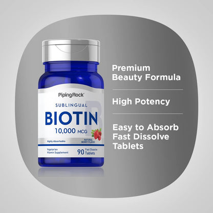 Piping Rock Biotin 10000mcg Fast Dissolve Tablets, Berry Flavour, 90 Tablets