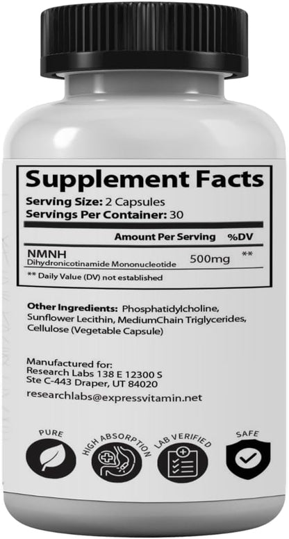 Research Labs Liposomal NMNH 500mg Per Serving, 60 Capsules – NAD+ Booster for Anti-Ageing
