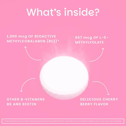 EZ Melts Energy, Memory & Mood Enhancer - B Vitamins Supplement with Vitamin B12, B6, Folic Acid & Biotin - Non-GMO & Vegan - Cherry Berry - 60 Dissolvable Tablets