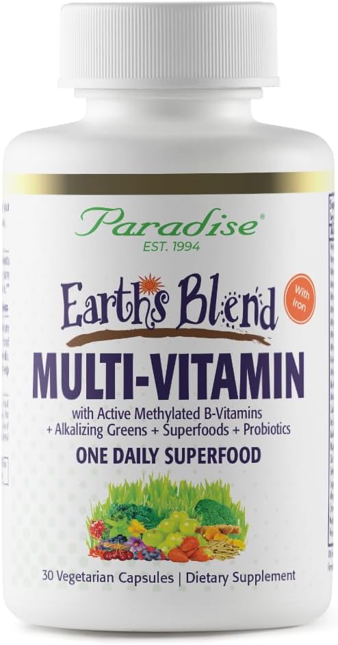 Paradise Herbs Earth's Blend Once Daily Multivitamin with Iron, 48 Organic Superfoods, Probiotics, Antioxidants, Vitamins A, B12, C, D, K2, Daily Superfood, 30 Capsules - görsel 1