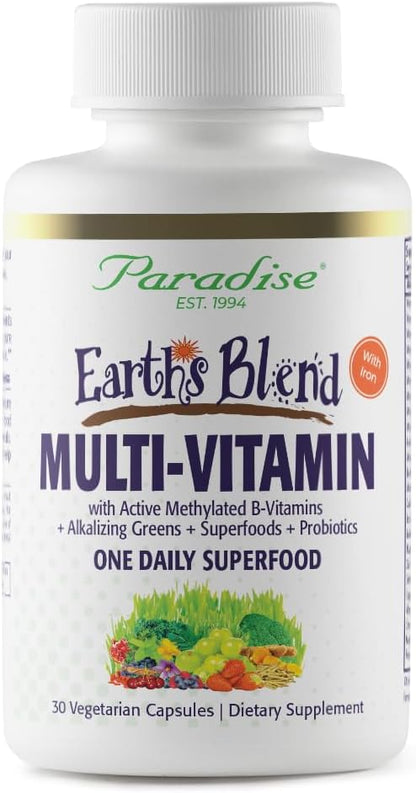 Paradise Herbs Earth's Blend Once Daily Multivitamin with Iron, 48 Organic Superfoods, Probiotics, Antioxidants, Vitamins A, B12, C, D, K2, Daily Superfood, 30 Capsules