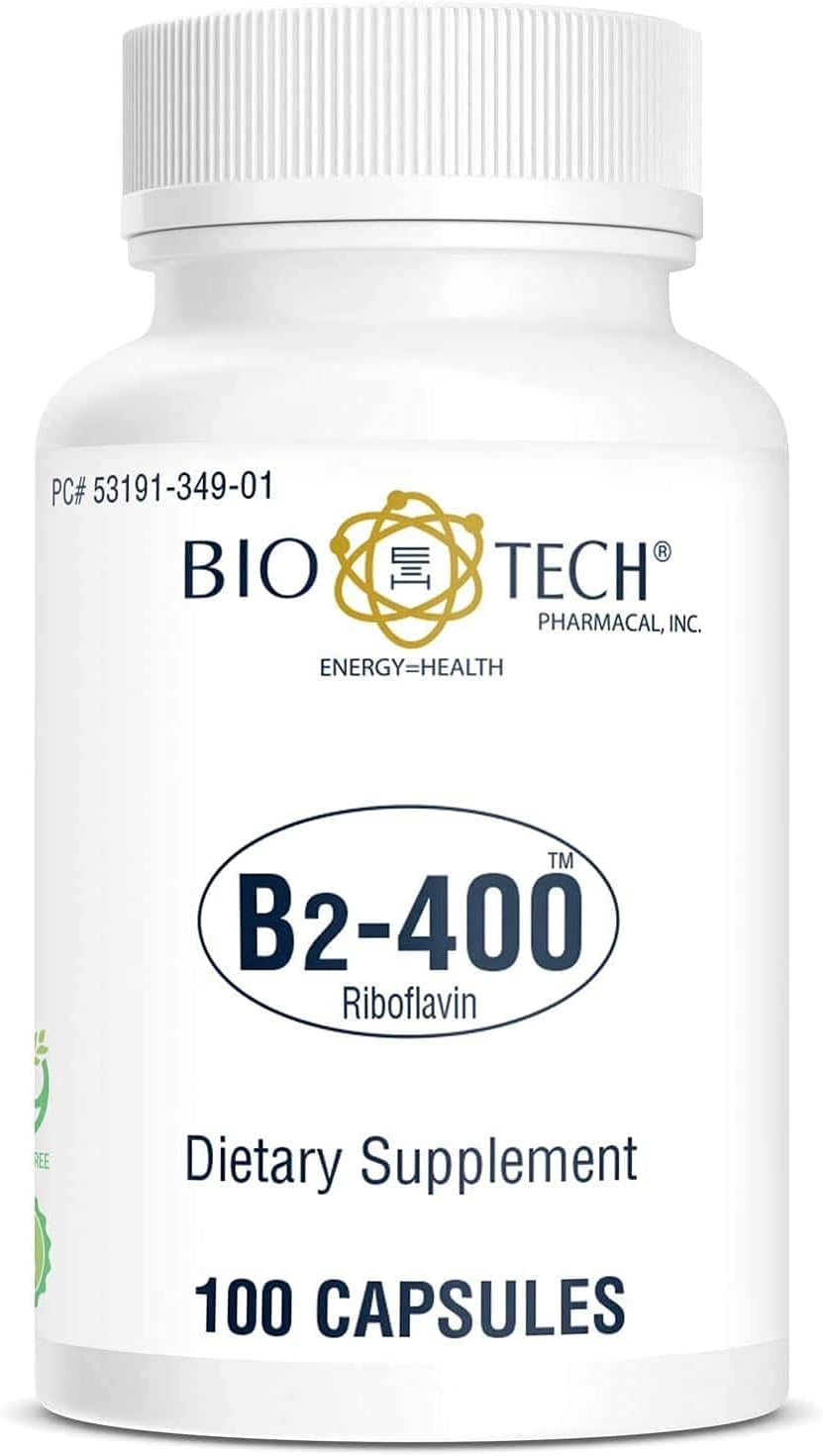 Bio-Tech Pharmacal B2-400, 100 Capsules – High-Purity Riboflavin – Supports Normal Energy Metabolism and Nervous System Function – Allergen-Free, Non-GMO – No Artificial Colours - görsel 1